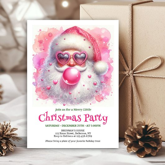 Editable Watercolor Pink Santa Bubble Gum Invites Kaart