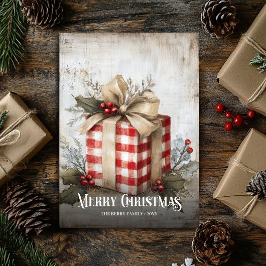 Editable Watercolor Red White Vintage Present Card Feestdagenkaart