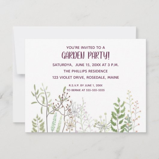 Editable Waterverf Garden Party Invitation Kaart (Voorkant)