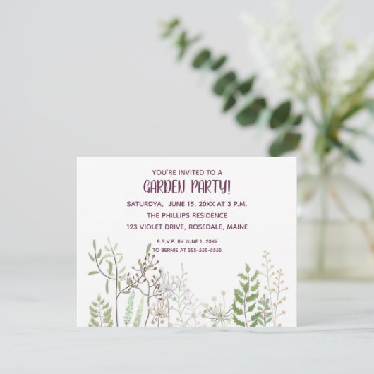 Editable Waterverf Garden Party Invitation Kaart (Staand voorkant)