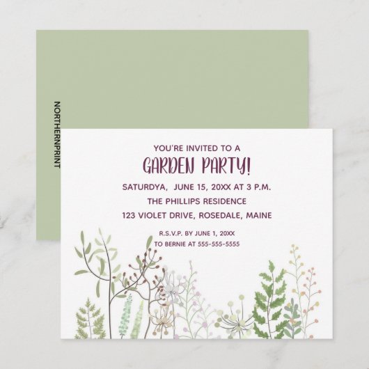 Editable Waterverf Garden Party Invitation Kaart (Voorkant / Achterkant)