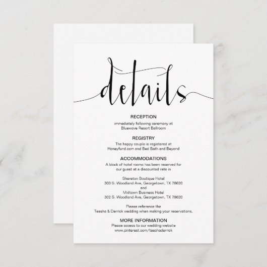 Editable Wedding Details, Black Modern Script Informatiekaartje (Voorkant / Achterkant)