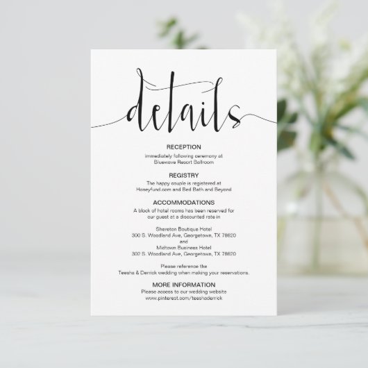 Editable Wedding Details, Black Modern Script Informatiekaartje (Staand voorkant)