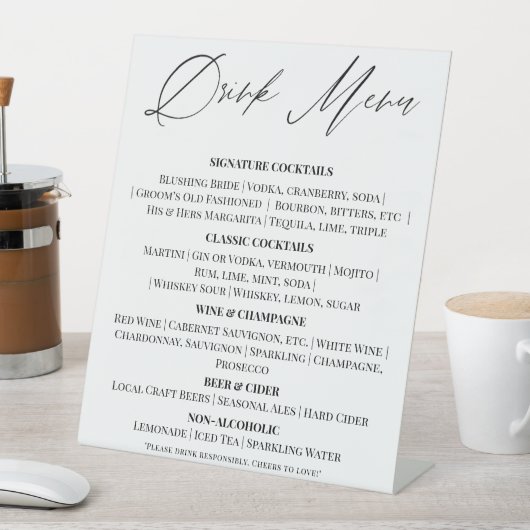 Editable Wedding Drinks Menu Tabletop Sign Reclamebord Met Voetstuk (Insitu)