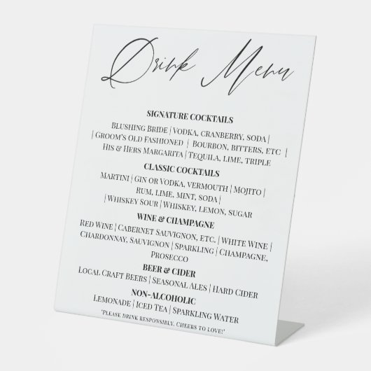 Editable Wedding Drinks Menu Tabletop Sign Reclamebord Met Voetstuk (Voorkant)