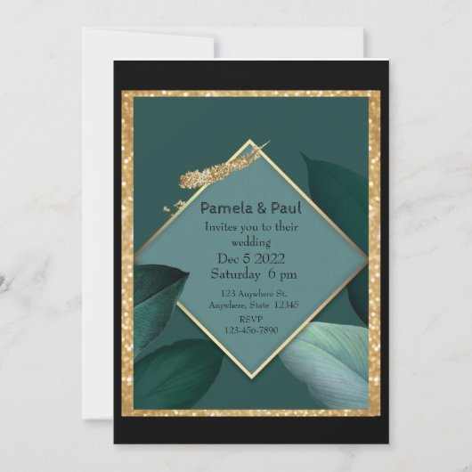 Editable Wedding Invitation Emerald Green en Gold Kaart (Voorkant)