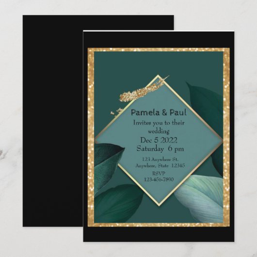 Editable Wedding Invitation Emerald Green en Gold Kaart (Voorkant / Achterkant)
