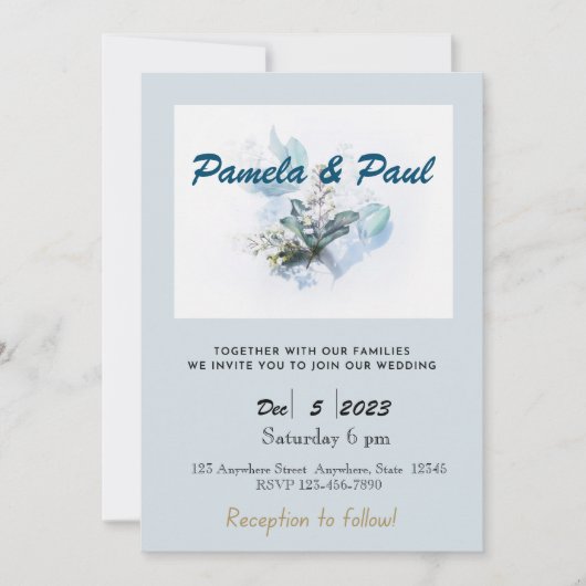 Editable Wedding Invitation Light Blue Flowers Kaart (Voorkant)