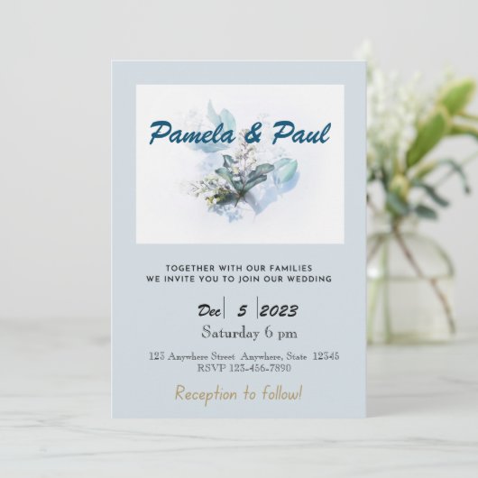 Editable Wedding Invitation Light Blue Flowers Kaart (Staand voorkant)