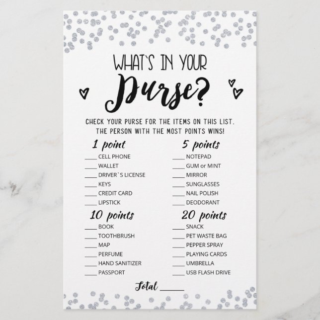 Editable What's in your purse Hen Party game (Voorkant)