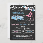 Editable Wheels or Heels Gender Reopenbaart Party Kaart (Voorkant)