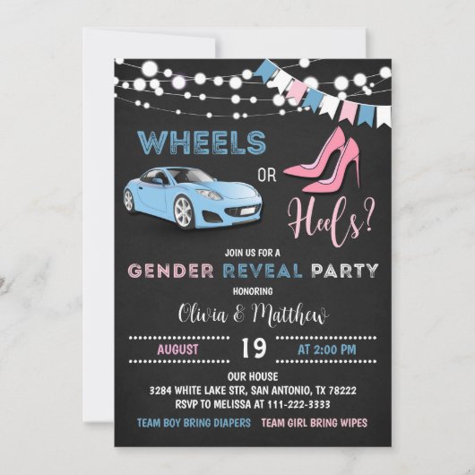 Editable Wheels or Heels Gender Reopenbaart Party Kaart (Voorkant)