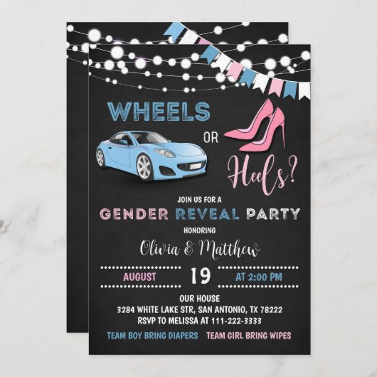 Editable Wheels or Heels Gender Reopenbaart Party Kaart (Voorkant / Achterkant)