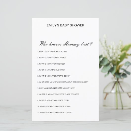 Editable Who kent het mama Beste Baby shower Game (Staand voorkant)