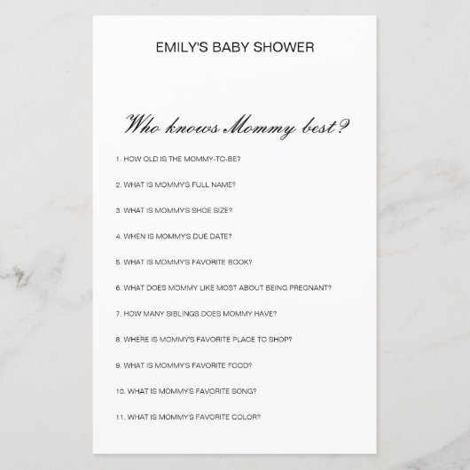 Editable Who kent het mama Beste Baby shower Game (Voorkant)