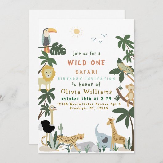 Editable Wild One Safari Invitation Template Kaart (Voorkant / Achterkant)