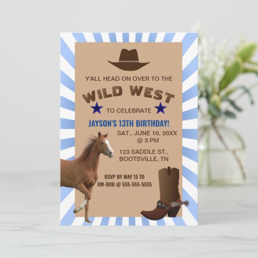 Editable Wild West Cowboy Birthday Uitnodiging (Staand voorkant)