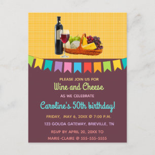 Editable Wine and Cheese Birthday Party Uitnodiging Briefkaart