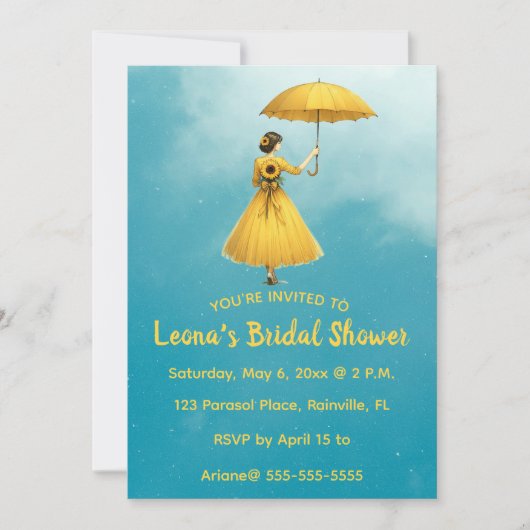 Editable Woman With Yellow Umbrella Bridal Shower Kaart (Voorkant)
