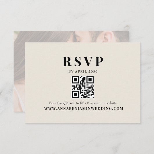 Editorial Ivory Photo QR Code Wedding RSVP Kaartje (Voorkant / Achterkant)