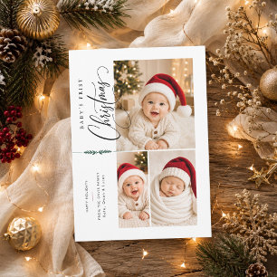 Editoriale Baby Eerste Kerst Drie Foto Feestdagenkaart