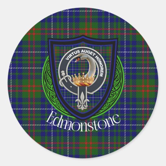 Edmonstone Scottish Clan Tartan & Crest Ronde Sticker (Voorkant)