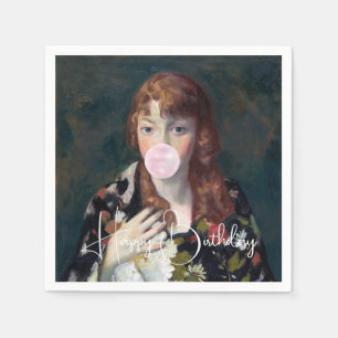Edna blaast een Happy Birthday-bubblegum Servet