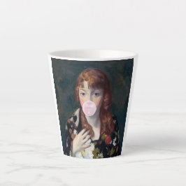Edna blaast een roze kauwgom latte mok
