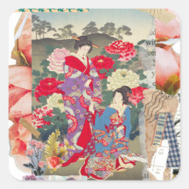 Edo Beauty & Peony Garden – Traditional Japanese  Vierkante Sticker
