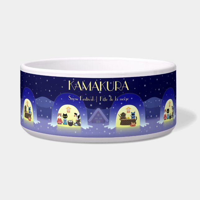 Edo-Neko's besneeuwde viering Pet Bowl Voerbakje (Voorkant)