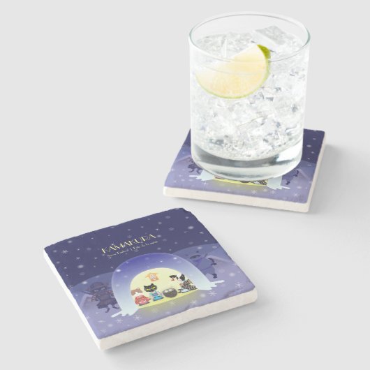 Edo-Neko's sneeuwviering Stenen Onderzetter (Zijkant)