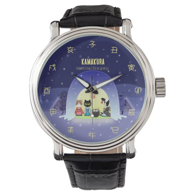 Edo-Neko's Snowy Celebration Mannen Horloge (Voorkant)