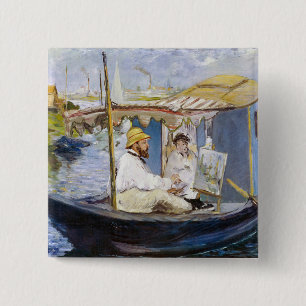 Edouard Manet - Monet in zijn studioboot Vierkante Button 5,1 Cm