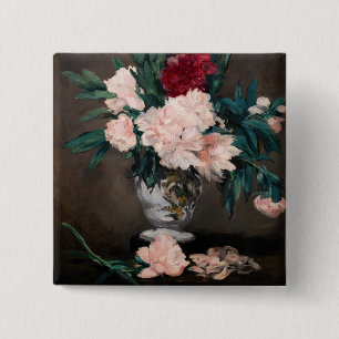 Edouard Manet - Vaas met Pioenrozen op Klein Voets Vierkante Button 5,1 Cm