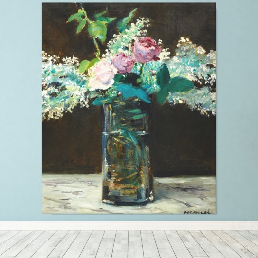 Edouard Manet Vase of White Lilacs and Rozen Canvas Afdruk (Insitu (Houten vloer))