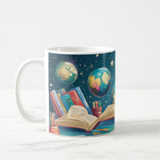 Educatief concept met globes die zweven boven koffiemok