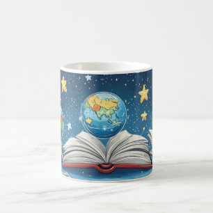 Educatief concept met zwevende globes boven koffiemok