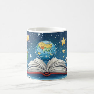 Educatief concept met zwevende globes boven koffiemok