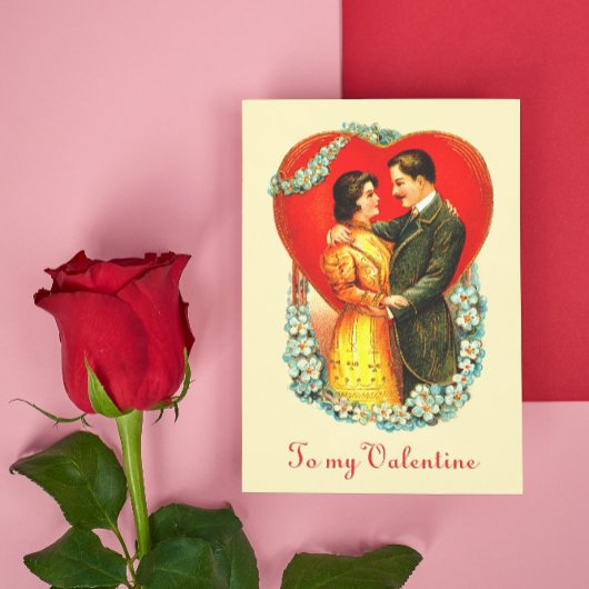  Edwardiaans paar Bloemen Hart Valentijn Feestdagenkaart
