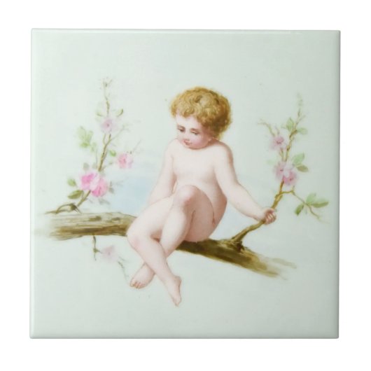 Edwardian Era Angelic Baby on Tree Flower Swing Tegeltje (Voorkant)