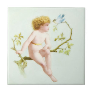 Edwardian Era Blonde Baby en vogel Tegeltje