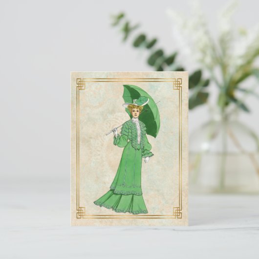  Edwardian Green Dress en Umbrella Briefkaart (Staand voorkant)