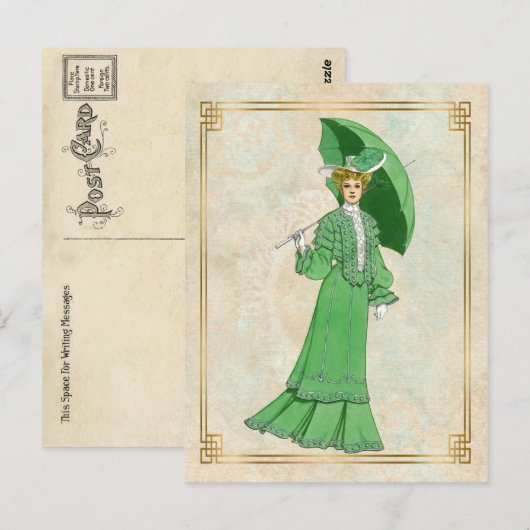  Edwardian Green Dress en Umbrella Briefkaart (Voorkant / Achterkant)