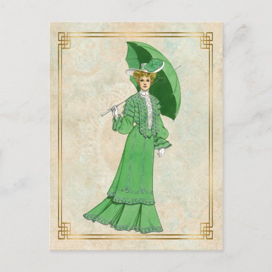  Edwardian Green Dress en Umbrella Briefkaart (Voorkant)