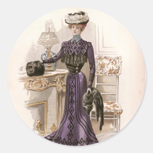 Edwardian Lady Fox Mode Illustratie Ronde Sticker (Voorkant)