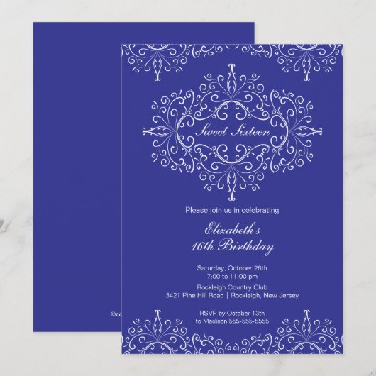 Eegant Blue Sweet Sixteen Birthday Uitnodiging (Voorkant / Achterkant)