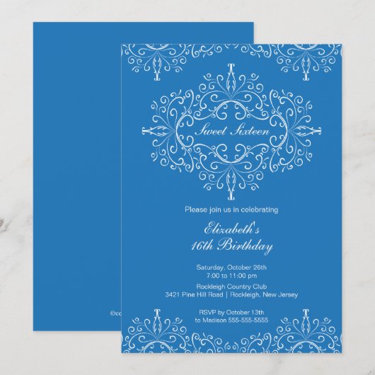 Eegant Blue Sweet Sixteen Birthday Uitnodiging (Voorkant / Achterkant)