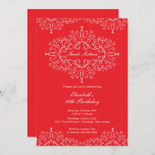 Eegant Red Sweet Sixteen Birthday Uitnodiging (Voorkant / Achterkant)