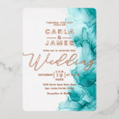 Eegant Turquoise Blue Alcohol Ink gold bruilf F Folie Uitnodiging (Voorkant)