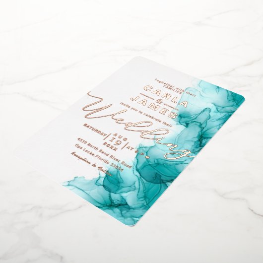 Eegant Turquoise Blue Alcohol Ink gold bruilf F Folie Uitnodiging (Gedraaid)